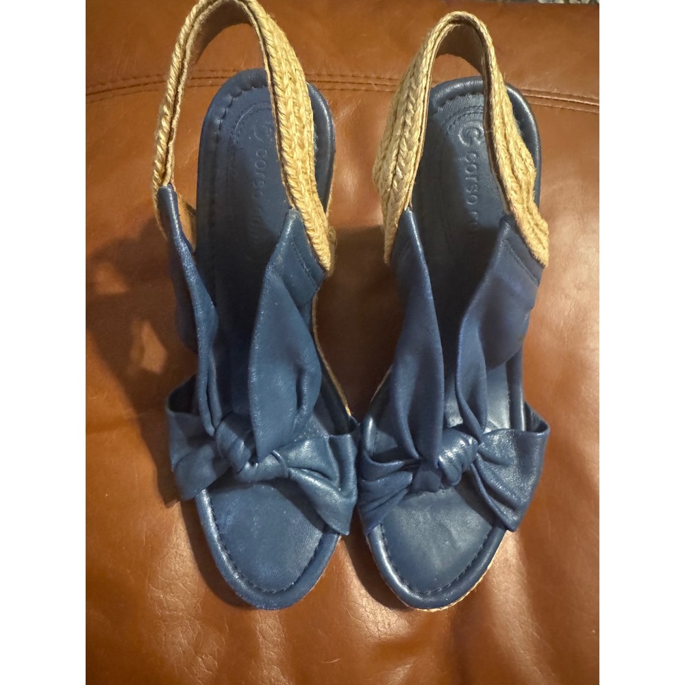 Corso Como Blue Leather Espadrille‎ Wedge Sandals Slingback Bow Peep Toe Womens